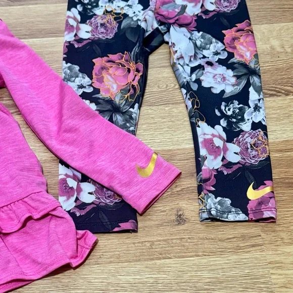 Nike Pink Dri-Fit Hoodie & Floral Leggings Set, Girls Size 2T - Picture 2 of 6